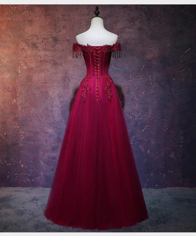 NumberSea - Beautiful Wine Red Tulle Sweetheart Long Prom Dress, A - line Party Dress