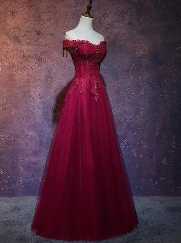 NumberSea - Beautiful Wine Red Tulle Sweetheart Long Prom Dress, A - line Party Dress