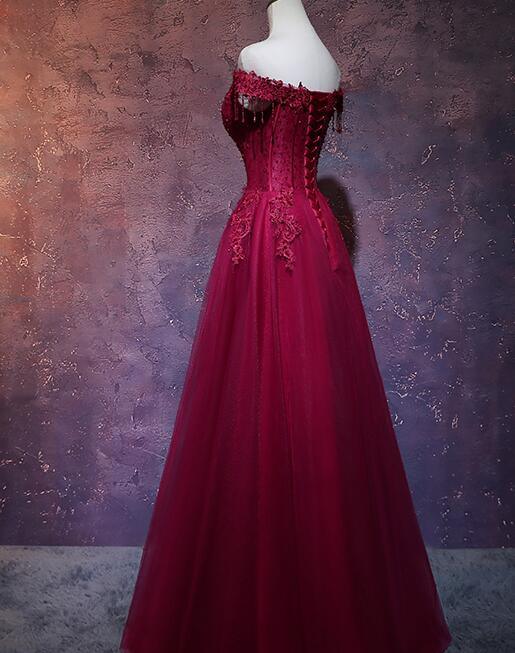 NumberSea - Beautiful Wine Red Tulle Sweetheart Long Prom Dress, A - line Party Dress