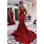 V-Neck Sleeveless Sequins Mermaid Long Prom Evening Dress With Sweep Train