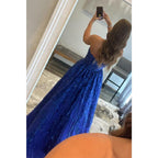 Vestido de fiesta largo de corte A con apliques de lentejuelas y bolsillos, sin tirantes