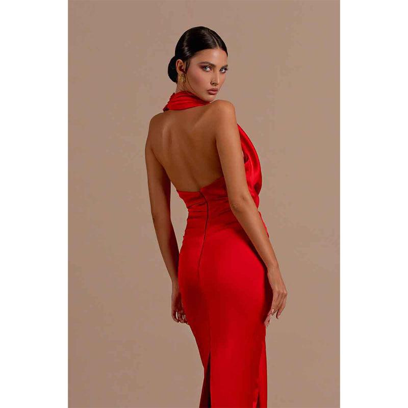 Vestido de fiesta formal largo de sirena rojo plisado con escote en V sexy