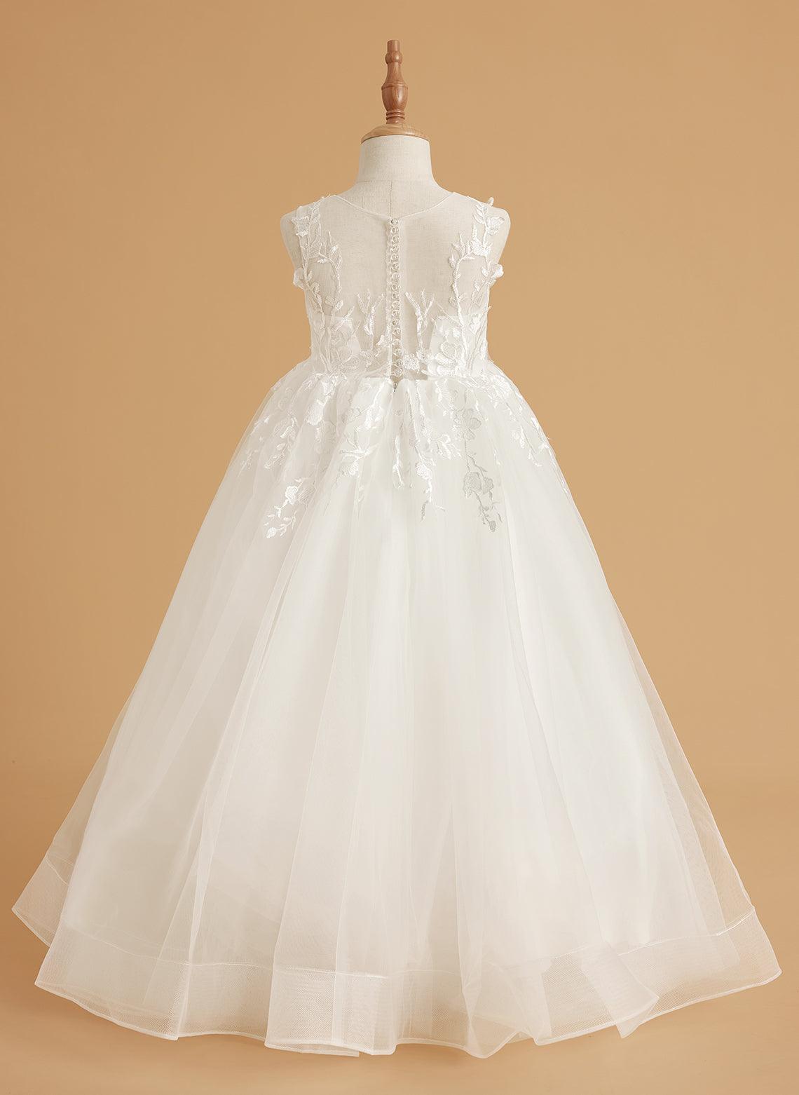Vestido de niña de flores de tul y encaje color marfil, largo hasta el suelo y elegante lazo (2003227417) 