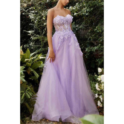 Sweetheart Strapless Appliqued Sheer Tulle A-Line Long Prom Evening Dress