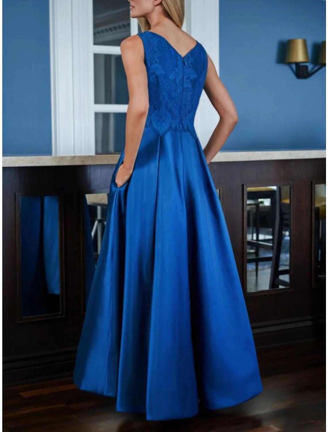 Zweiteiliges A-Linien-Kleid für die Mutter der Braut, Hochzeitsgast-Party, Vintage, elegant, V-Ausschnitt, asymmetrische Satinspitze, halbe Ärmel mit Falten, einfarbig