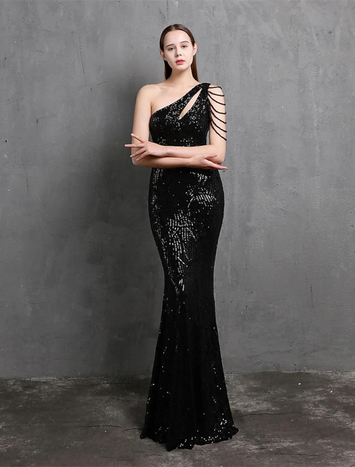 Meerjungfrau/Trompete Abendkleid Sparkle &amp; Shine Kleid Formelle Hochzeit Gast Bodenlang Kurzarm Eine Schulter Pailletten mit Pailletten