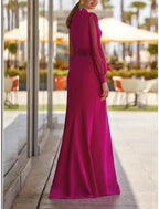 Vestido de noche de corte tubo/columna, vestido de fiesta con abertura alta, vestido formal para invitados de boda, largo hasta el suelo, manga larga, cuello en V, gasa con abertura y tiras