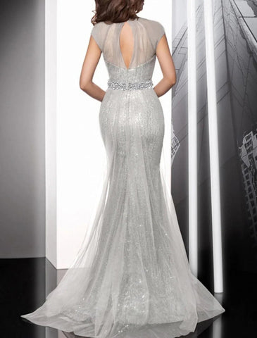 Meerjungfrau/Trompete Wunderschöner Rücken Glitzer Verlobungs-Abendkleid Rundhals Kurzarm Sweep/Pinsel Schleppe Tüll mit Schärpe/Band Pailletten