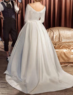Vestidos de novia de compromiso vintage de los años 40/50, formales, de otoño, con hombros descubiertos, manga larga, cola de corte, de satén, con apliques de faja o cinta.