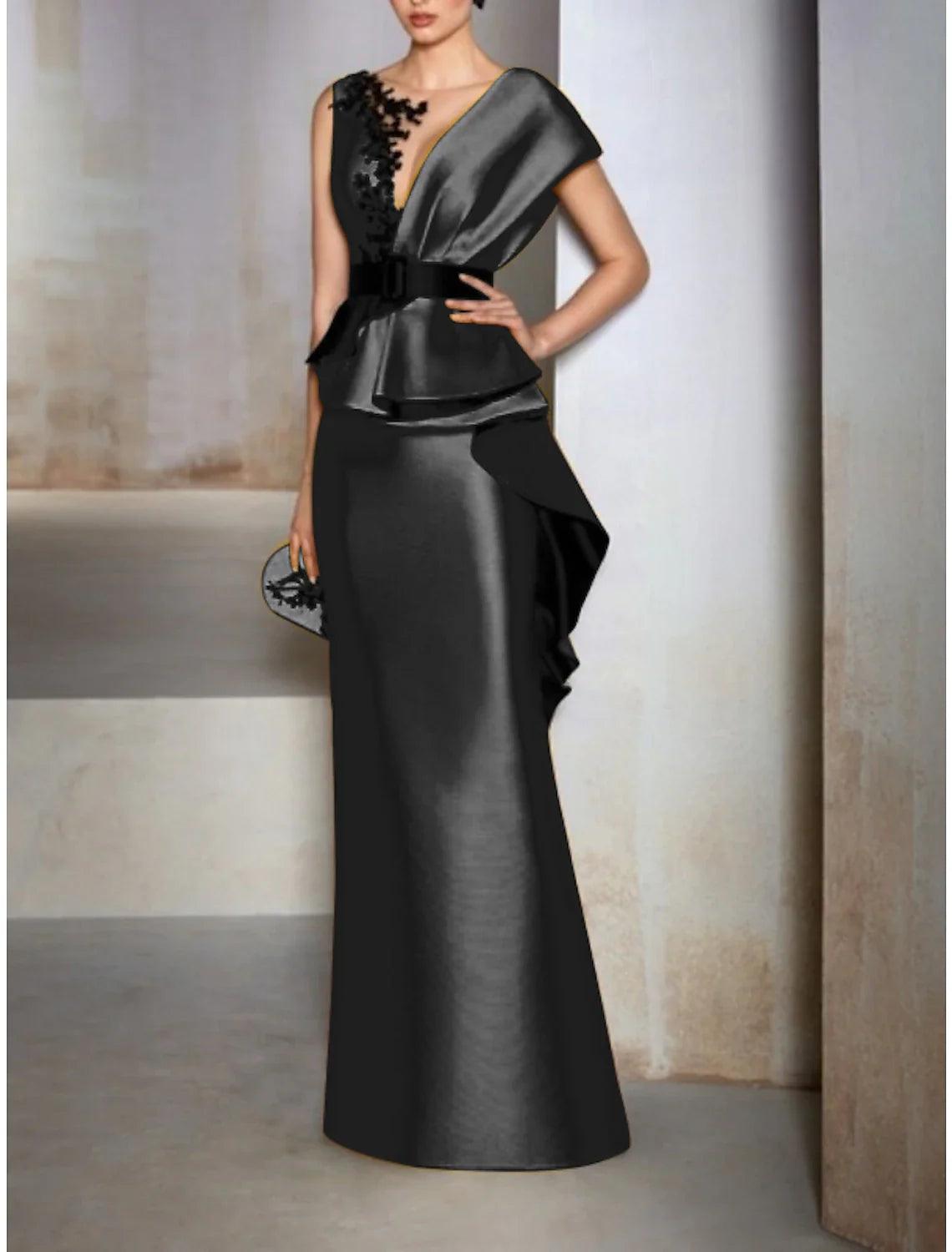 Gelbes Etuikleid/Säulen-Abendkleid aus Satin, Champagner, elegantes schwarzes Kleid, formelle Herbst-Bodenlänge, kurze Ärmel, V-Ausschnitt mit Rüschen, Stickerei-Applikationen