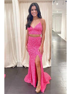 Vestido de fiesta de dos piezas con corte sirena o trompeta, vestido de fiesta con brillo y brillo, vestido de fiesta con cola larga y sin mangas, tirantes finos, lentejuelas, espalda descubierta y abertura con lentejuelas