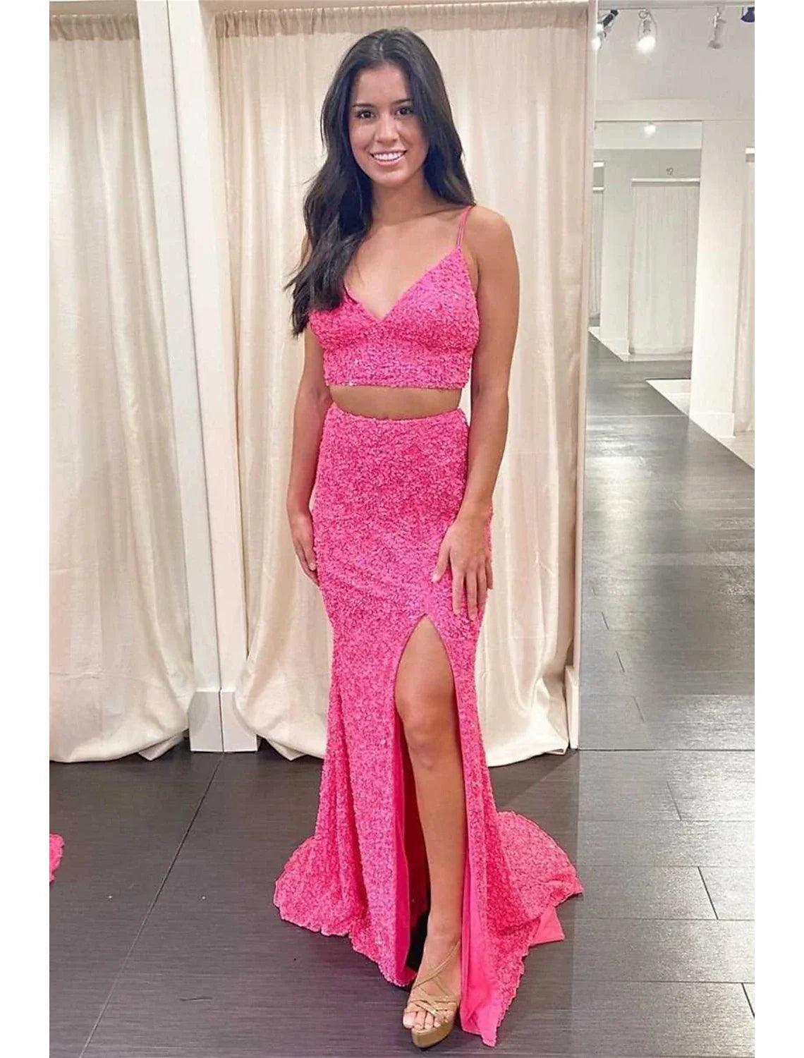 Vestido de fiesta de dos piezas con corte sirena o trompeta, vestido de fiesta con brillo y brillo, vestido de fiesta con cola larga y sin mangas, tirantes finos, lentejuelas, espalda descubierta y abertura con lentejuelas