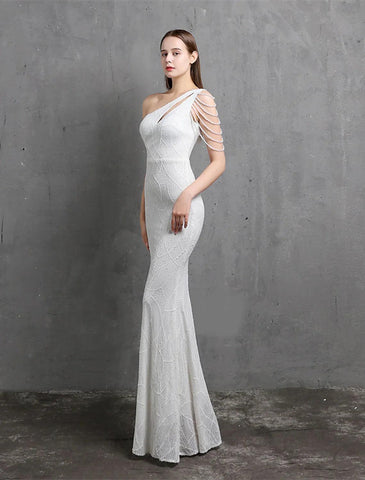 Meerjungfrau/Trompete Abendkleid Sparkle &amp; Shine Kleid Formelle Hochzeit Gast Bodenlang Kurzarm Eine Schulter Pailletten mit Pailletten