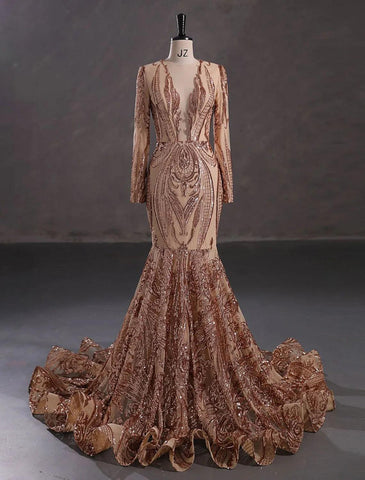 Meerjungfrau/Trompete Abendkleid Sparkle &amp; Shine Kleid Formeller Abend Hochzeitsfeier Kapelle Schleppe Langarm Juwel Hals Afroamerikaner Pailletten mit Pailletten