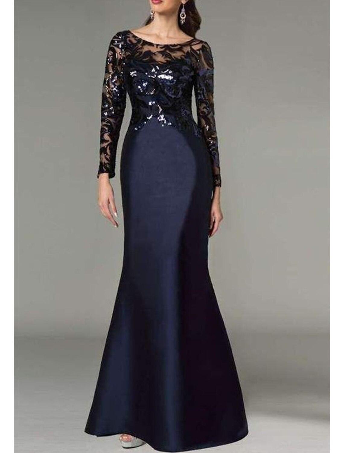Meerjungfrau/Trompete Kleid für die Mutter der Braut, Herbst, Hochzeitsgast, elegant, funkelnd und glänzend, Rundhalsausschnitt, bodenlang, Satin, Pailletten, lange Ärmel mit Pailletten, Farbblock