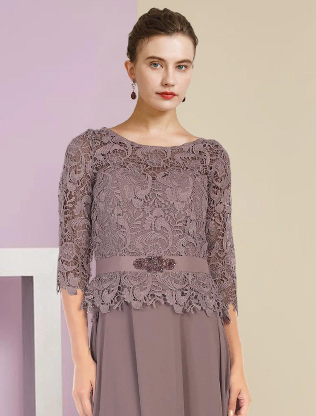 Vestido de dos piezas de corte A para madre de la novia, para invitada de boda formal, elegante, escote redondo, largo hasta el suelo, de gasa, con encaje, mangas 3/4, cruzado incluido con apliques, broche de cristal