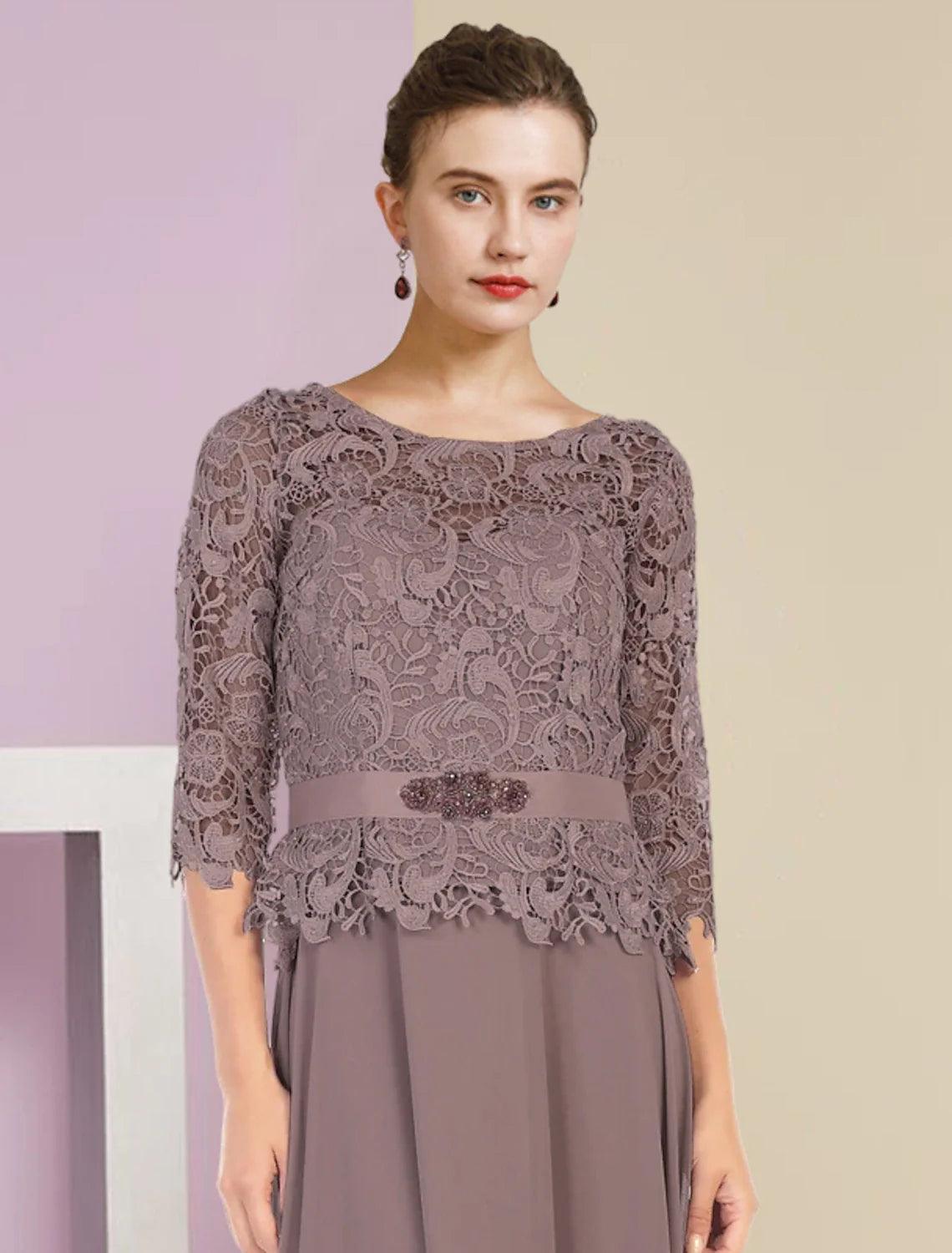 Vestido de dos piezas de corte A para madre de la novia, para invitada de boda formal, elegante, escote redondo, largo hasta el suelo, de gasa, con encaje, mangas 3/4, cruzado incluido con apliques, broche de cristal