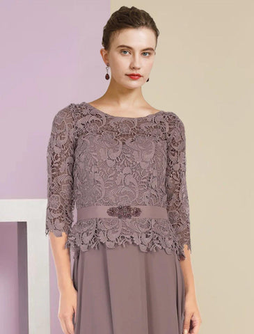 Vestido de dos piezas de corte A para madre de la novia, para invitada de boda formal, elegante, escote redondo, largo hasta el suelo, de gasa, con encaje, mangas 3/4, cruzado incluido con apliques, broche de cristal