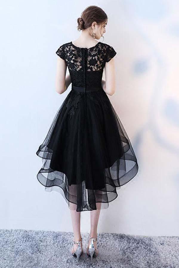 Black Lace Short Prom Dress Hight Low Evening Dress Homecoming Dresses