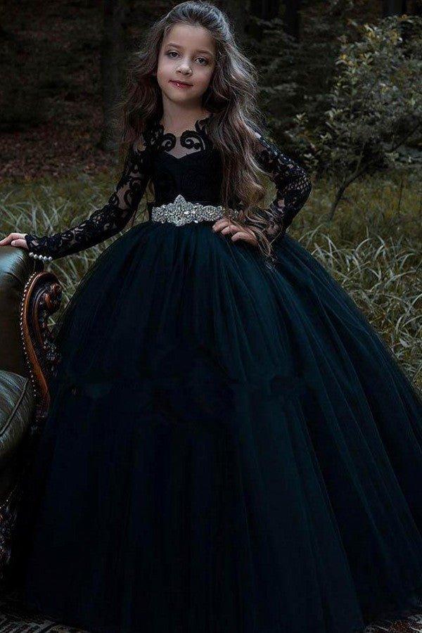 NumberSea - Black Long Sleeve Appliques Lace Pearl Bateau Tulle Princess Flower Girl Dress