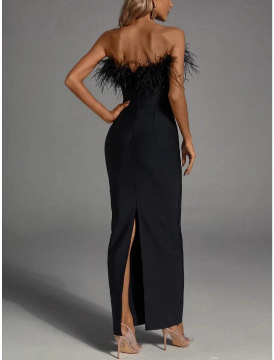 NumberSea - Black Sheath / Column Evening Gown Elegant Dress Formal Fall Ankle Length Sleeveless Strapless Stretch Fabric with Feather Slit