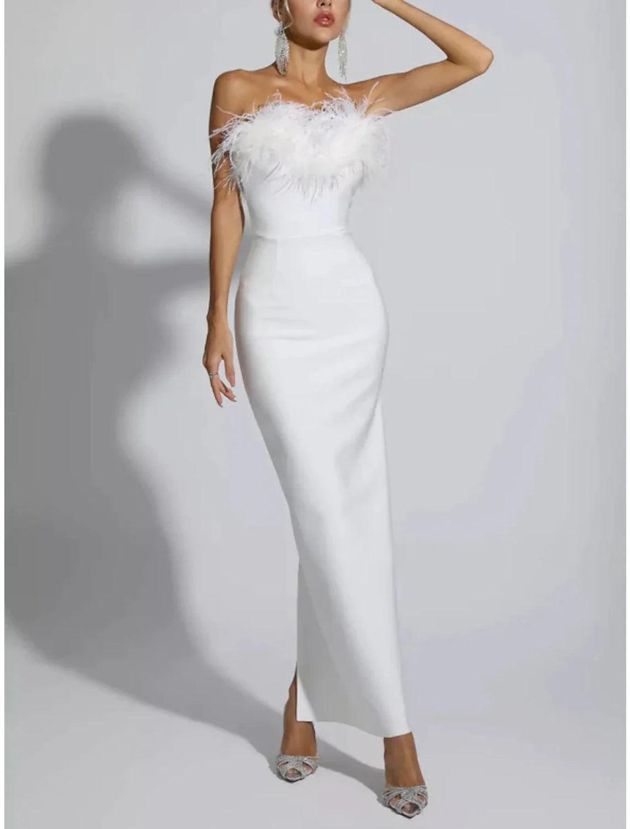 NumberSea - Black Sheath / Column Evening Gown Elegant Dress Formal Fall Ankle Length Sleeveless Strapless Stretch Fabric with Feather Slit