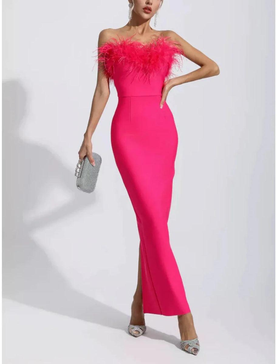 NumberSea - Black Sheath / Column Evening Gown Elegant Dress Formal Fall Ankle Length Sleeveless Strapless Stretch Fabric with Feather Slit