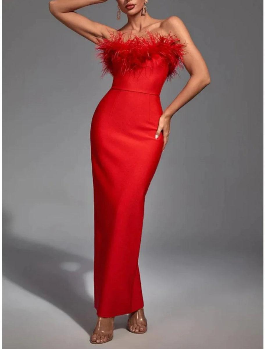 NumberSea - Black Sheath / Column Evening Gown Elegant Dress Formal Fall Ankle Length Sleeveless Strapless Stretch Fabric with Feather Slit