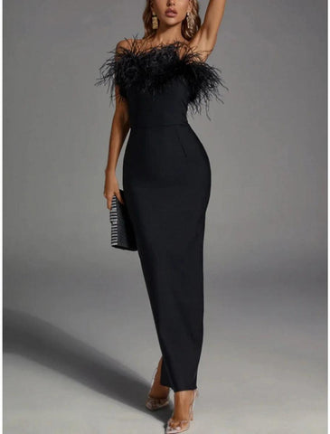 NumberSea - Black Sheath / Column Evening Gown Elegant Dress Formal Fall Ankle Length Sleeveless Strapless Stretch Fabric with Feather Slit