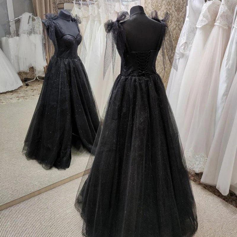 NumberSea - Black Tulle Floor Length Long Party Dress with Slit, Black Evening Dresses