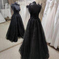 NumberSea - Black Tulle Floor Length Long Party Dress with Slit, Black Evening Dresses