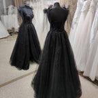 NumberSea - Black Tulle Floor Length Long Party Dress with Slit, Black Evening Dresses