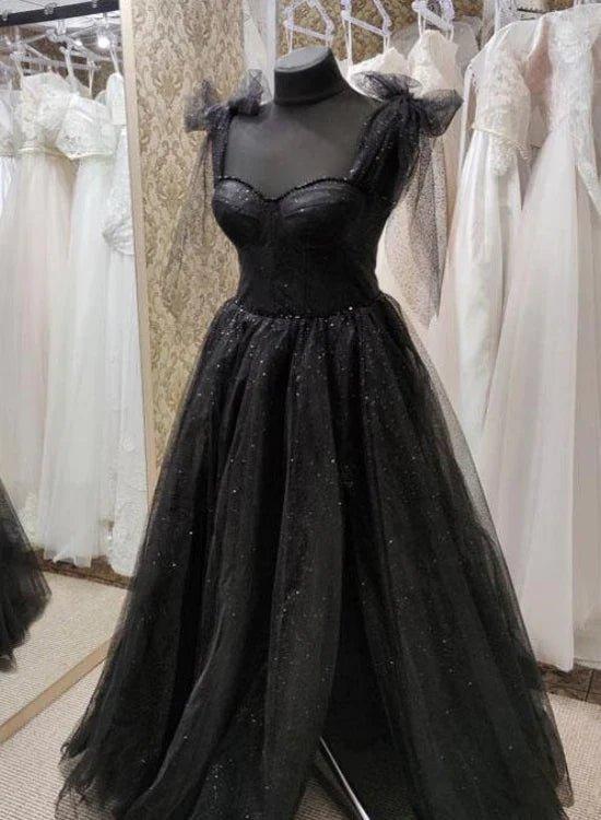 NumberSea - Black Tulle Floor Length Long Party Dress with Slit, Black Evening Dresses