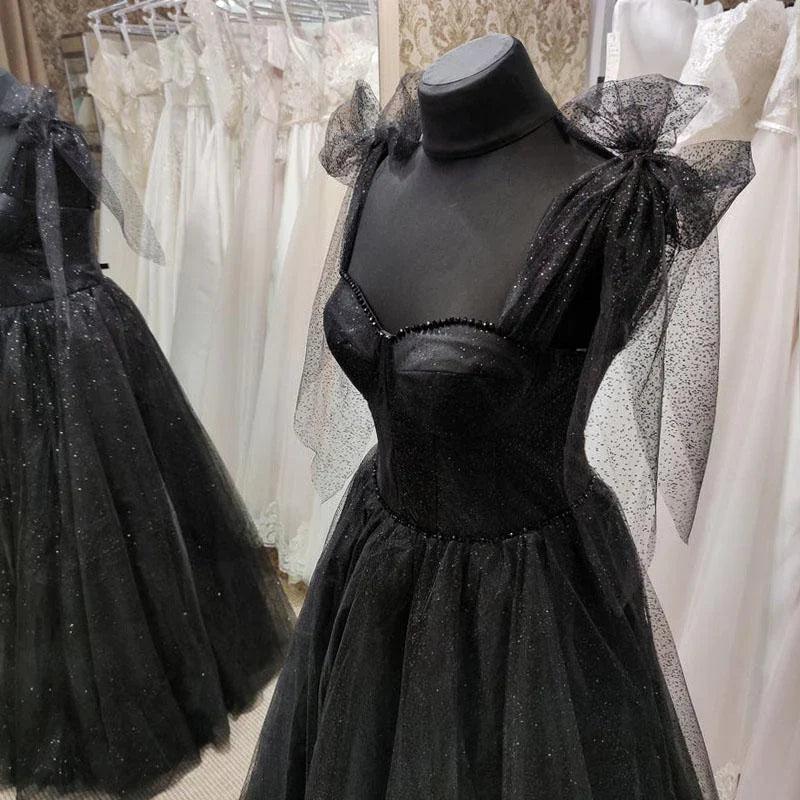 NumberSea - Black Tulle Floor Length Long Party Dress with Slit, Black Evening Dresses