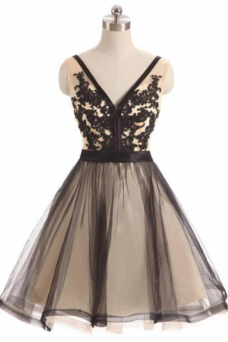 Black Tulle Lace V-neck Short Prom Dress Homecoming Dresses