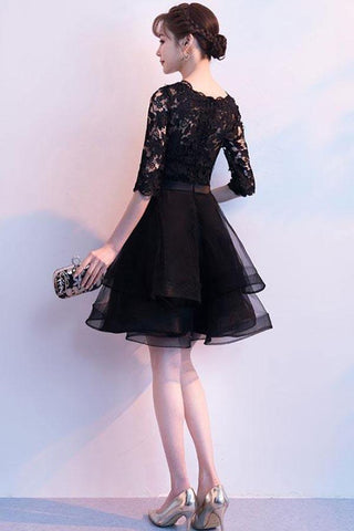 Black V Neck Lace Tulle Short Prom Dress Black Homecoming Dress