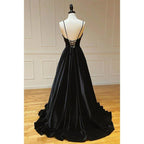 NumberSea - Black Velvet A - line V - neck Spaghetti Straps Long Simple Prom Dress