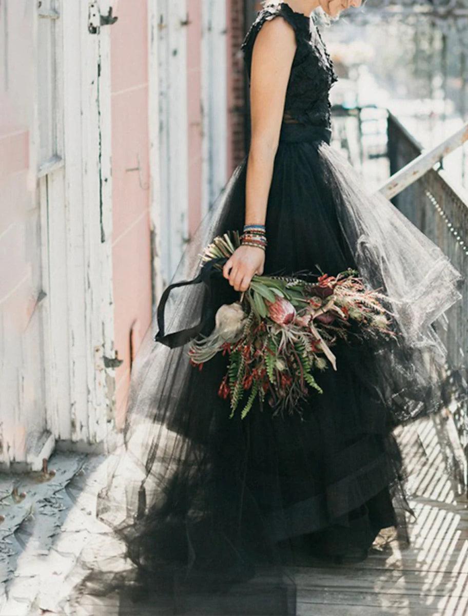 NumberSea - Black Wedding Dresses Formal Fall A - Line Illusion Neck Sleeveless Sweep / Brush Train Tulle Gothic Halloween Engagement Bridal Gowns With Appliques Cascading Ruffles
