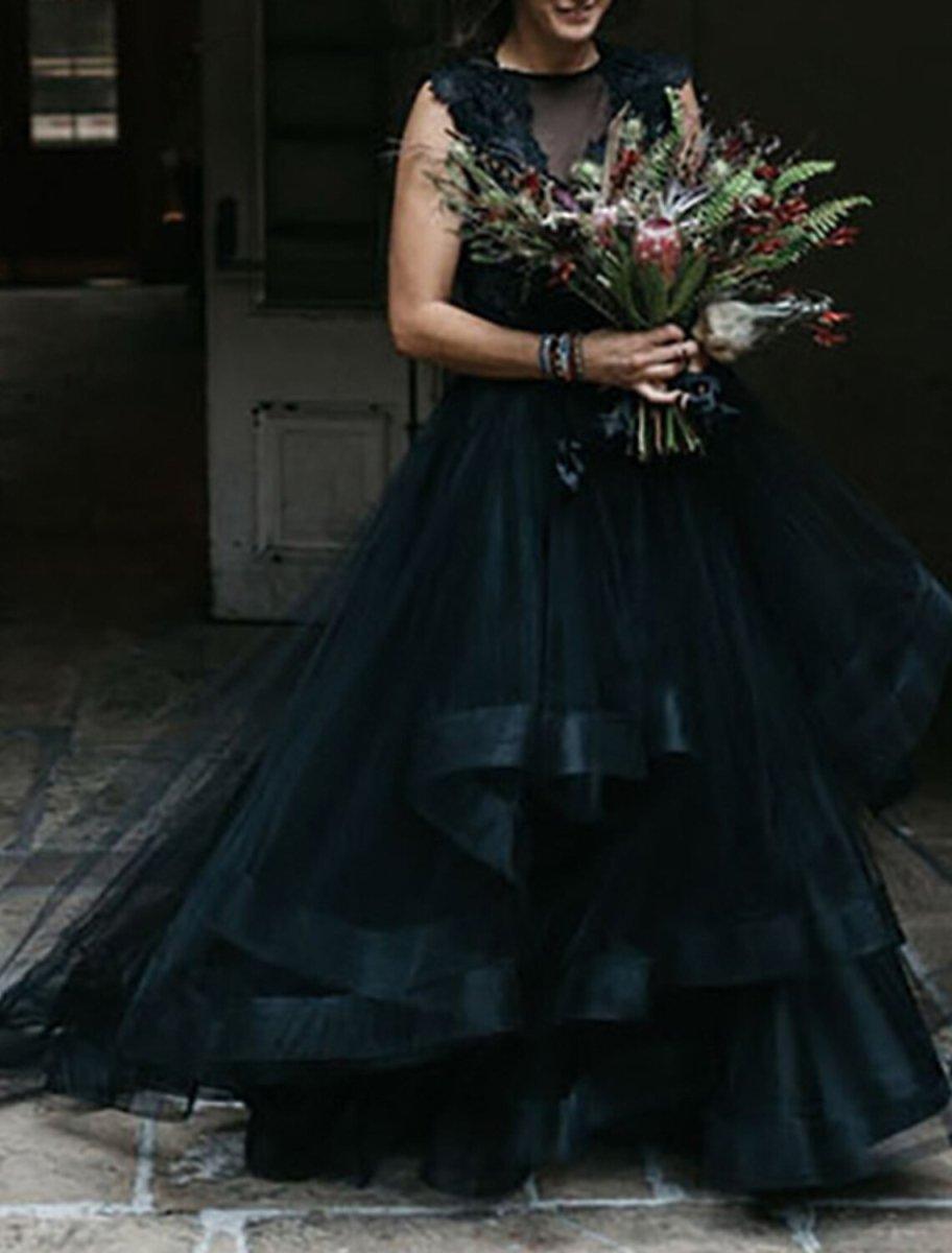 NumberSea - Black Wedding Dresses Formal Fall A - Line Illusion Neck Sleeveless Sweep / Brush Train Tulle Gothic Halloween Engagement Bridal Gowns With Appliques Cascading Ruffles