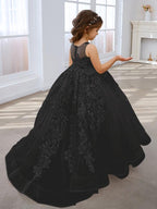 Vestido de princesa rosa para niña con apliques de encaje 