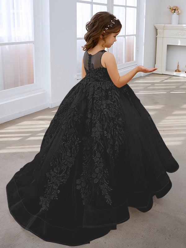 Vestido de princesa rosa para niña con apliques de encaje 