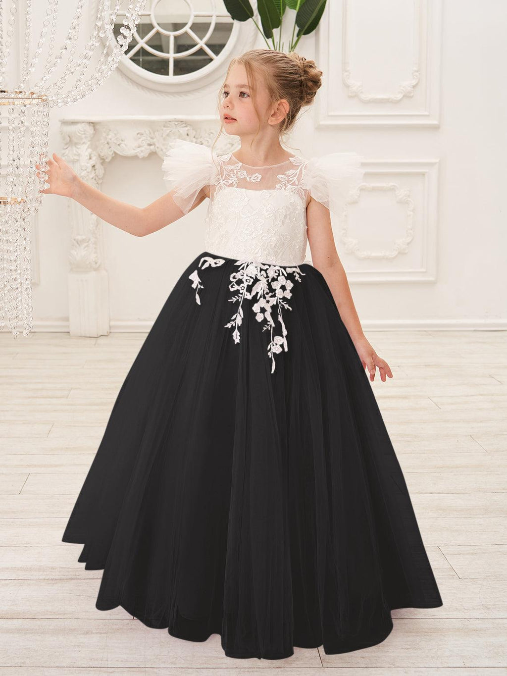 Abnehmbares Blumenmädchenkleid aus Spitze und Tüll mit Schleppe 