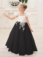 Abnehmbares Blumenmädchenkleid aus Spitze und Tüll mit Schleppe 