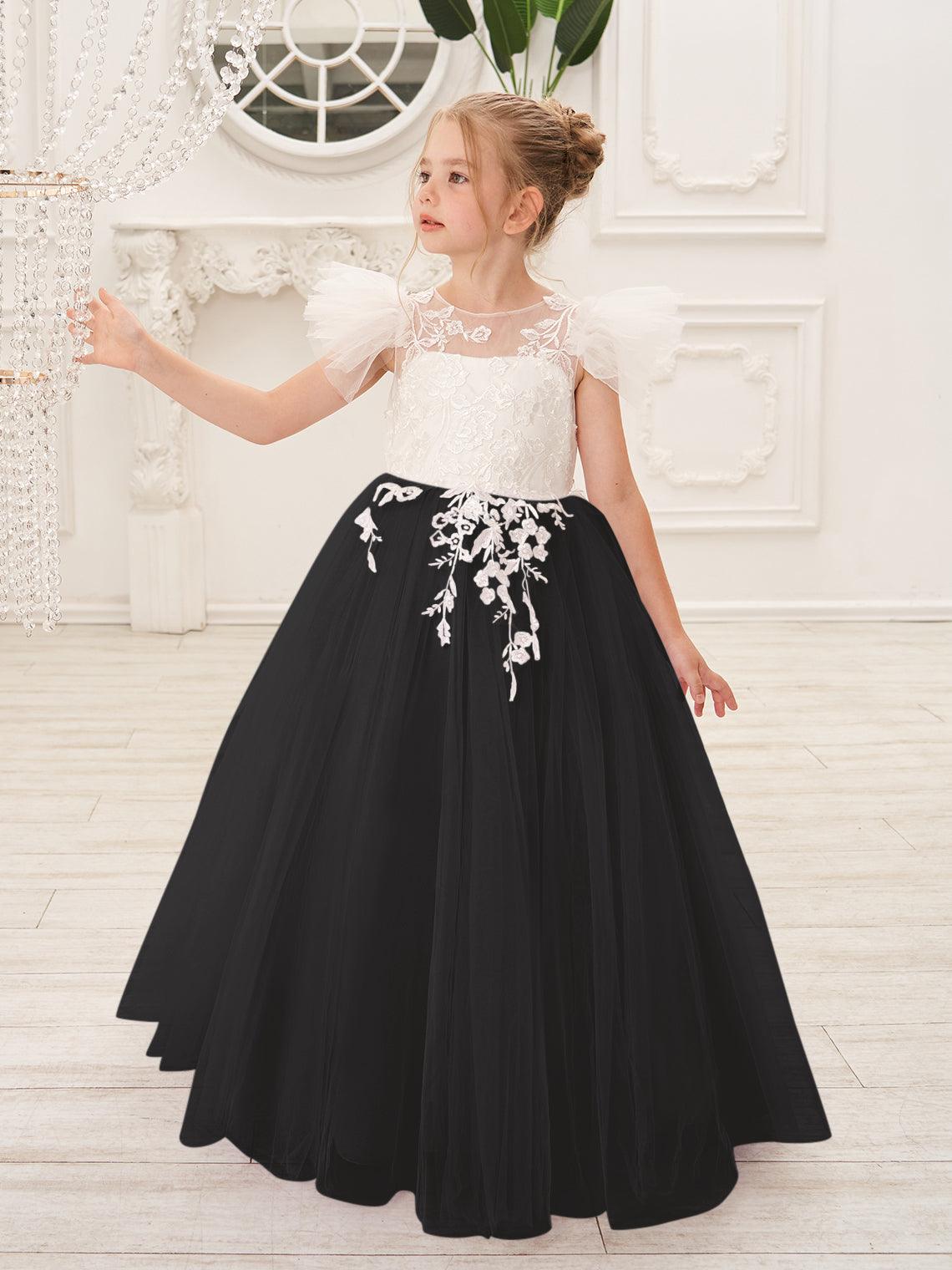 Vestido de niña de las flores con cola larga y tul con encaje desmontable 