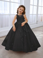 Vestido de princesa rosa para niña con apliques de encaje 