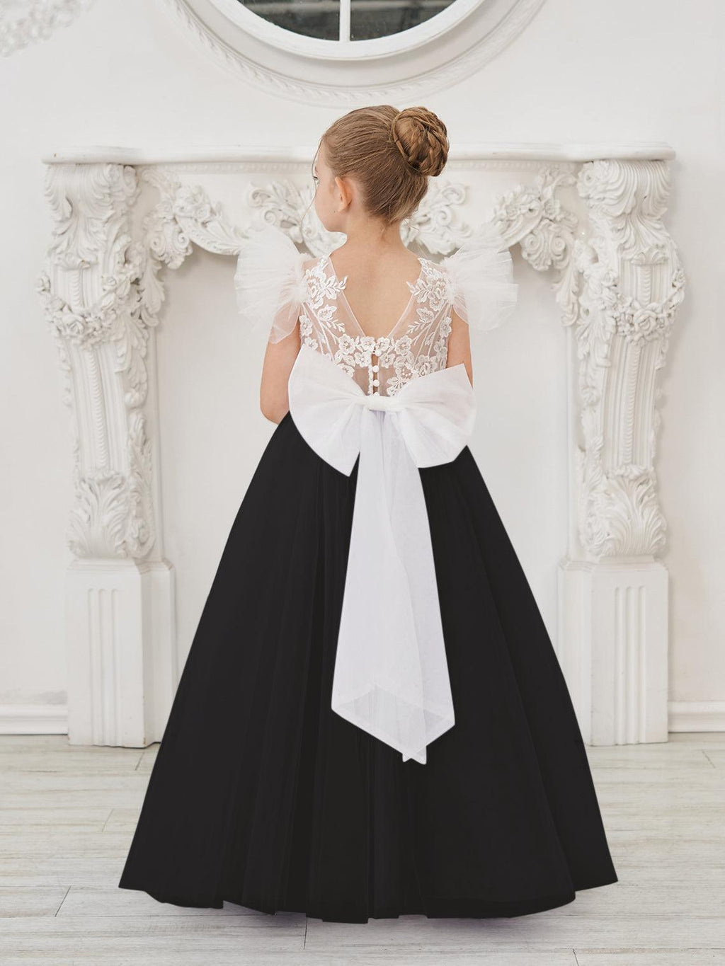 Vestido de niña de las flores con cola larga y tul con encaje desmontable 