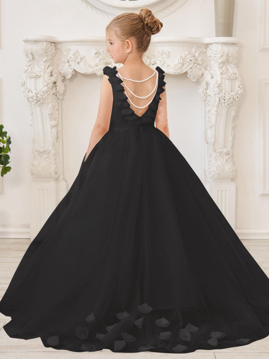 Elegante vestido de niña de las flores de tul blanco con cola larga 