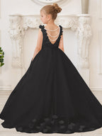 Elegante vestido de niña de las flores de tul blanco con cola larga 