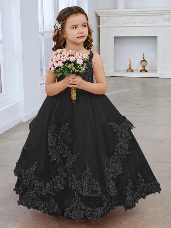 Vestido de princesa de tul sin mangas con apliques de encaje y cola larga para niñas 