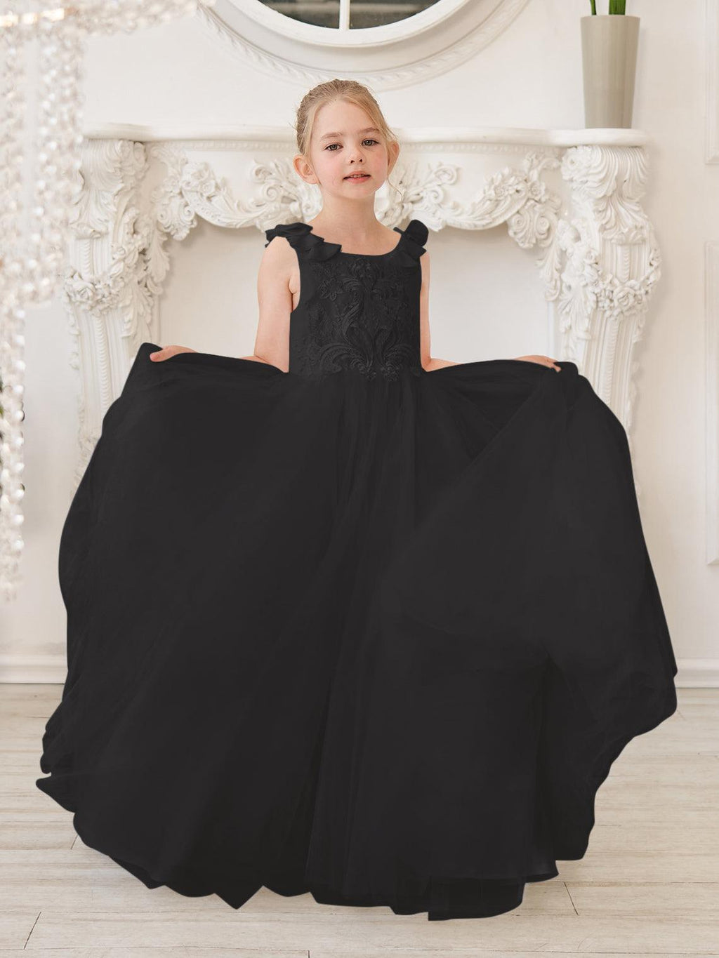 Elegante vestido de niña de las flores de tul blanco con cola larga 